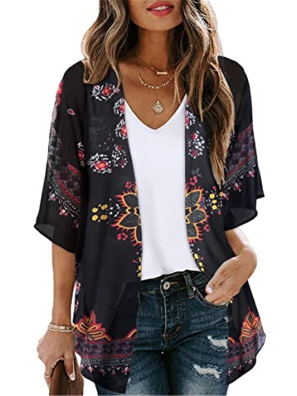 Womens Floral Puff Sleeve Kimono Cardigan Open Front Beach Cover Up Swim Blouse
